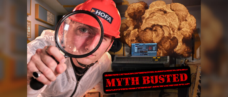 HOFA-Tutor blickt mit einer Lupe in die Kamera, während hinter ihm ein Mischpult explodiert. Im Bild steht "Myth Busted"